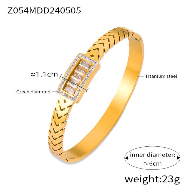Delicate cubic zircon rhinestone inlaid stainless steel bangle bracelet