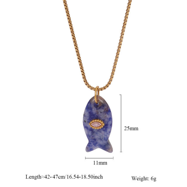 Summer ocean natual stone fish pendant stainless steel necklace