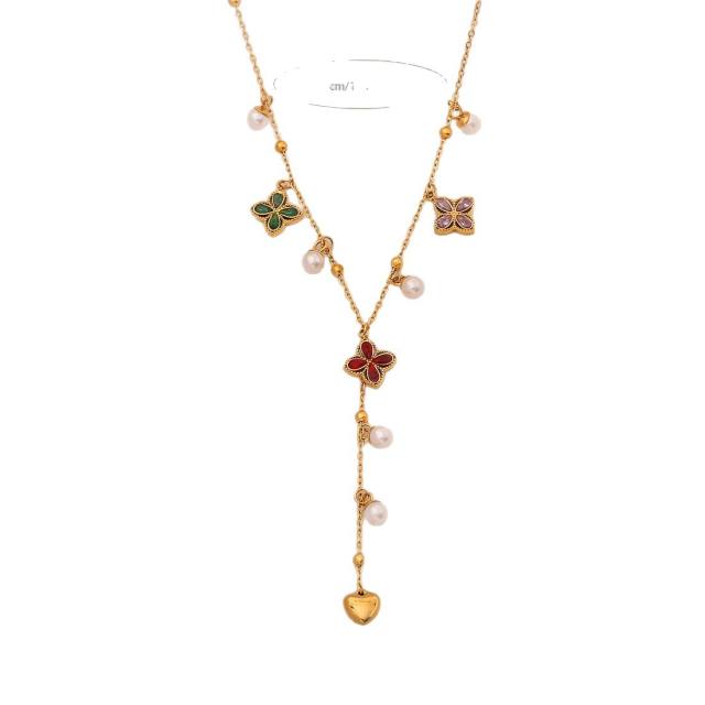 Imitation pearl diamond butterfly clover Y shape stainless steel necklace