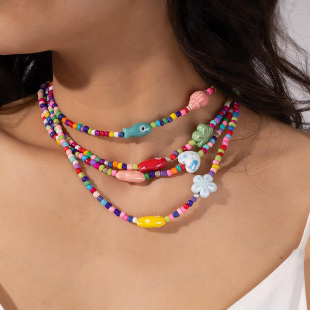 Summer colorful seed bead cute fish choker necklace bracelet suit