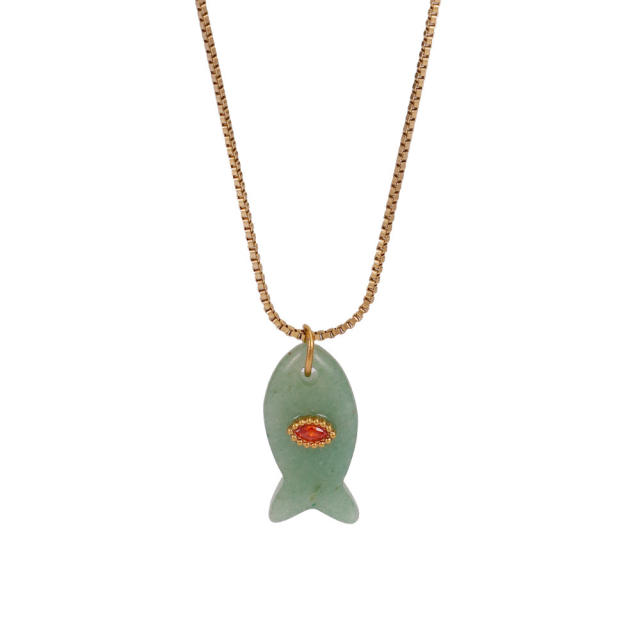 Summer ocean natual stone fish pendant stainless steel necklace