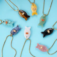 Summer ocean natual stone fish pendant stainless steel necklace