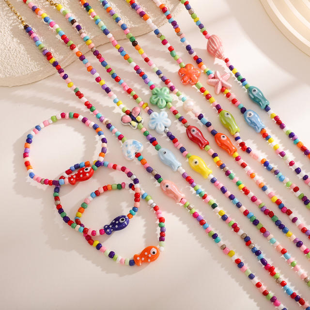 Summer colorful seed bead cute fish choker necklace bracelet suit