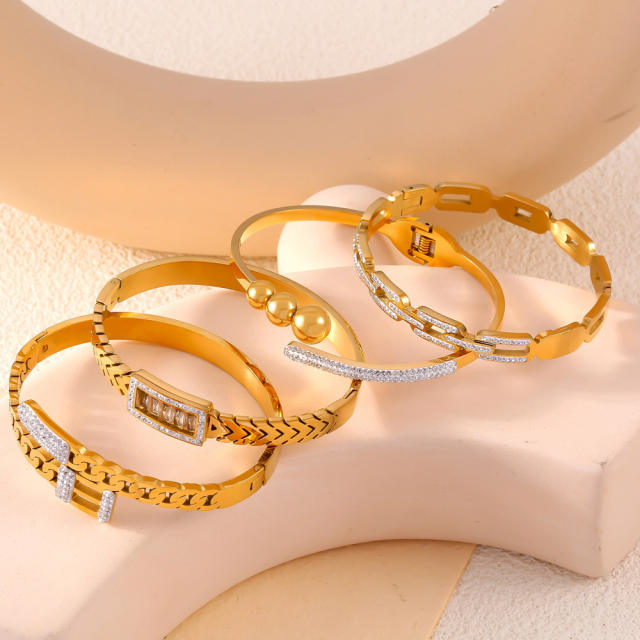 Delicate cubic zircon rhinestone inlaid stainless steel bangle bracelet