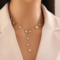 Imitation pearl diamond butterfly clover Y shape stainless steel necklace