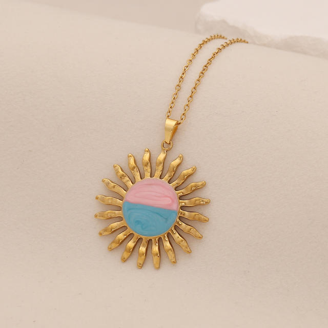 Spring Color Sun Flower enamel Pendant stainless steel necklace