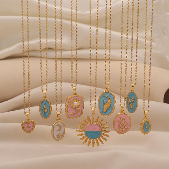 Spring Color Sun Flower enamel Pendant stainless steel necklace