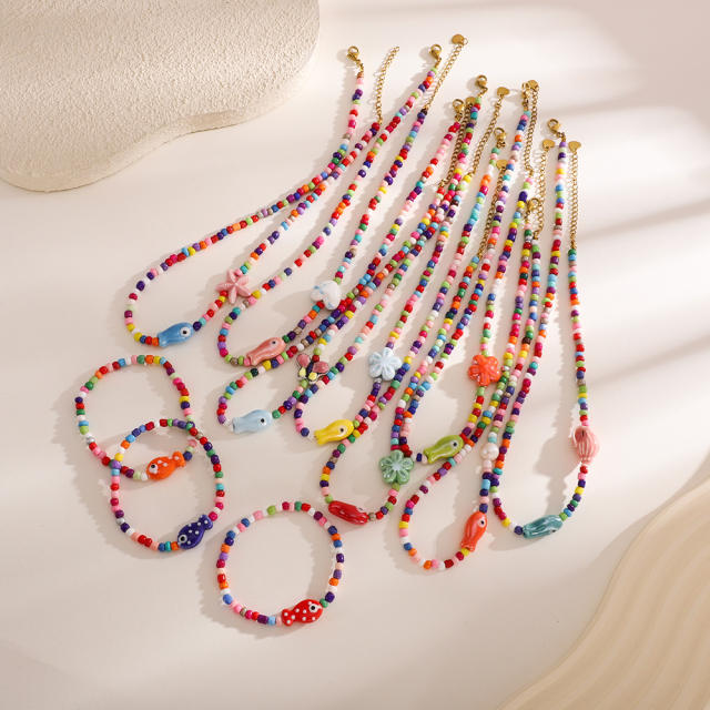 Summer colorful seed bead cute fish choker necklace bracelet suit
