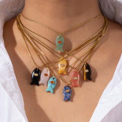 Summer ocean natual stone fish pendant stainless steel necklace