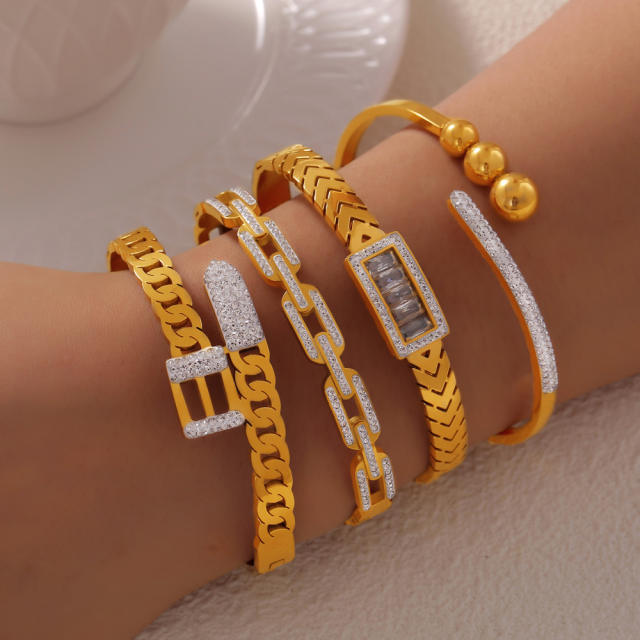 Delicate cubic zircon rhinestone inlaid stainless steel bangle bracelet