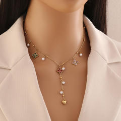 Imitation pearl diamond butterfly clover Y shape stainless steel necklace