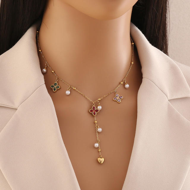 Imitation pearl diamond butterfly clover Y shape stainless steel necklace
