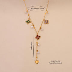 Imitation pearl diamond butterfly clover Y shape stainless steel necklace
