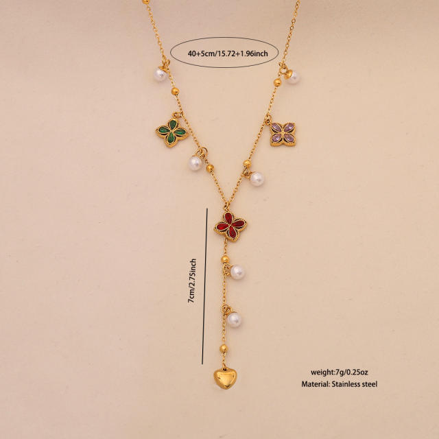 Imitation pearl diamond butterfly clover Y shape stainless steel necklace