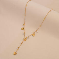 Imitation pearl diamond butterfly clover Y shape stainless steel necklace
