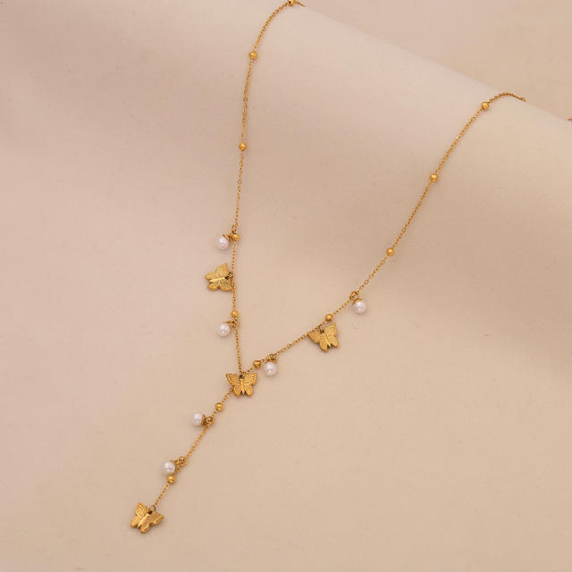 Imitation pearl diamond butterfly clover Y shape stainless steel necklace