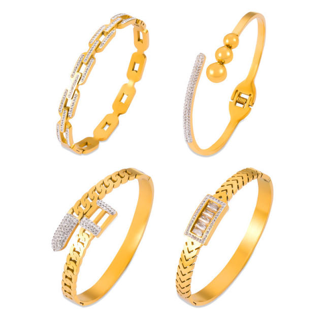 Delicate cubic zircon rhinestone inlaid stainless steel bangle bracelet