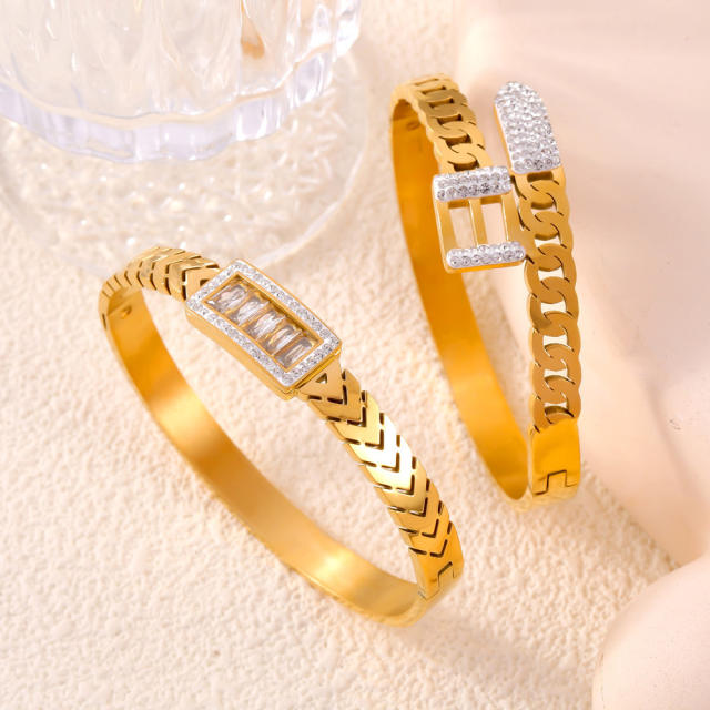 Delicate cubic zircon rhinestone inlaid stainless steel bangle bracelet