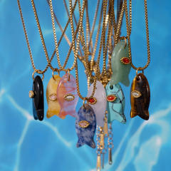 Summer ocean natual stone fish pendant stainless steel necklace