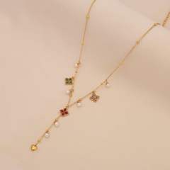 Imitation pearl diamond butterfly clover Y shape stainless steel necklace