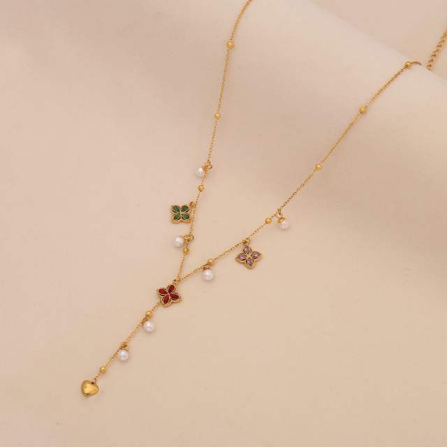 Imitation pearl diamond butterfly clover Y shape stainless steel necklace