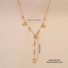Imitation pearl diamond butterfly clover Y shape stainless steel necklace