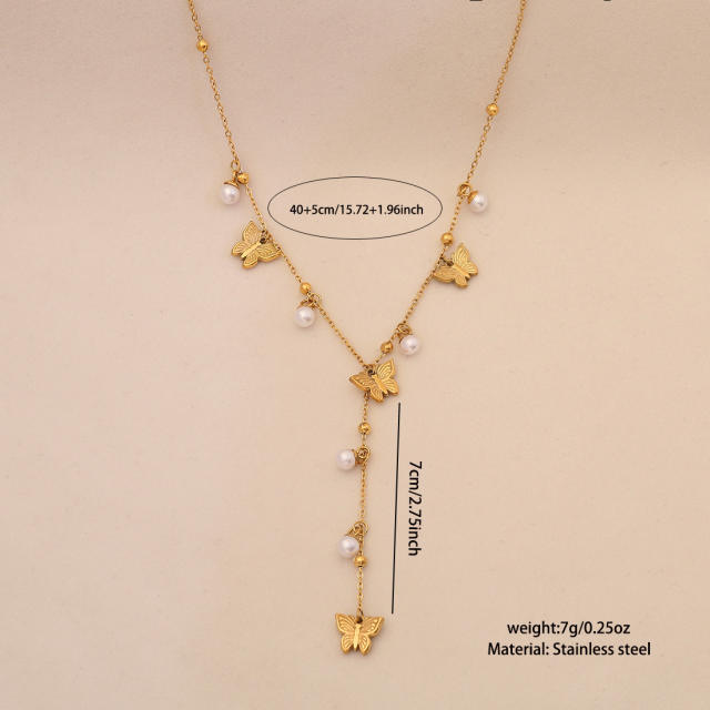 Imitation pearl diamond butterfly clover Y shape stainless steel necklace