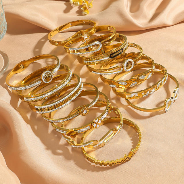 Easy match rhinestone inlaid stainless steel bangle bracelet