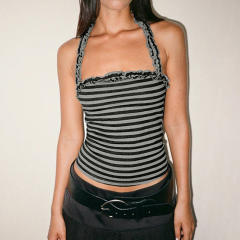 2025 Summer Sexy Hot Girl Style Casual Striped Halter Neck Pleated Vest