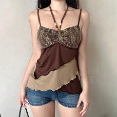 Sweet and Cool Style Gold Stitching Retro Asymmetrical Stacked Beads Halter Slim Vest