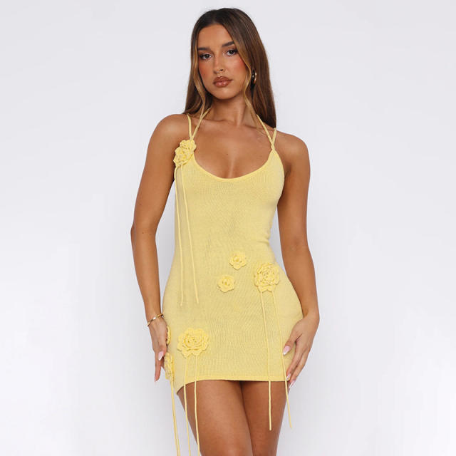 Women's Summer New Sexy Halterneck Lace-Up Flower Woolen Hip-Hugging Short dress