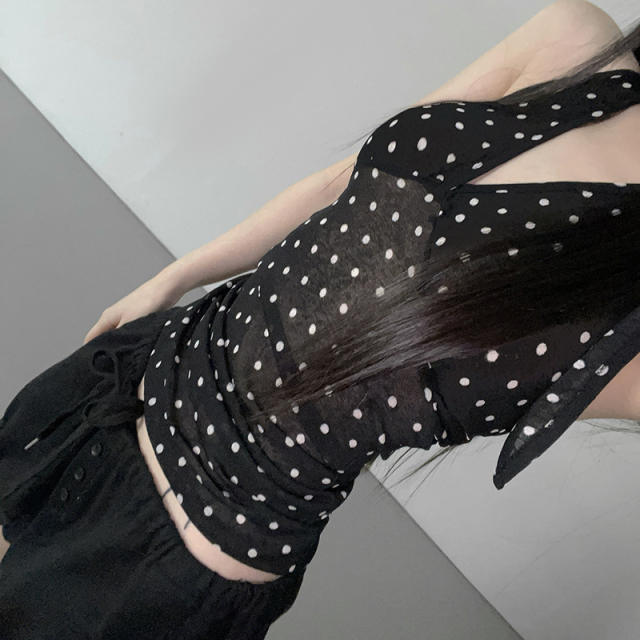 2025 New Arrival Black Poll Dot All-Match Backless V-Neck Tops