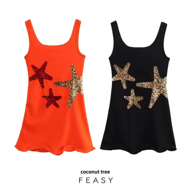 Summer new fashion sequin starfish embroidery mini dress