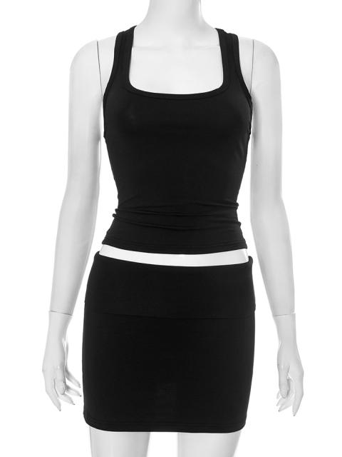 Women's Solid Color Sleeveless Slim U-Neck Vest Top Hip Skirt suit