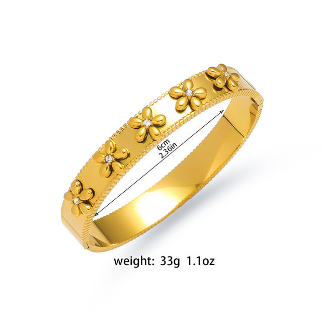 Easy match leaf flower rhinestone inlaid stainless steel bangle bracelet
