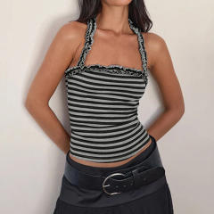 2025 Summer Sexy Hot Girl Style Casual Striped Halter Neck Pleated Vest