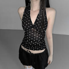 2025 New Arrival Black Poll Dot All-Match Backless V-Neck Tops
