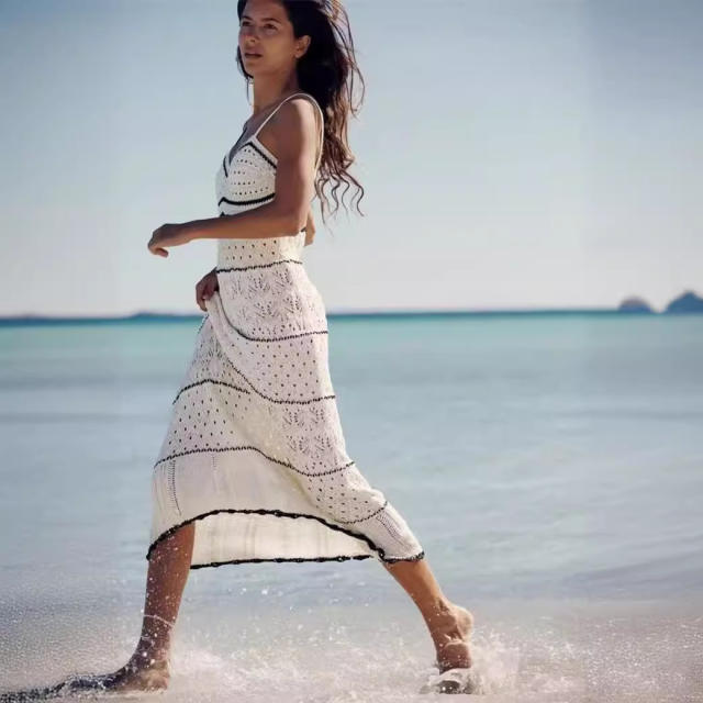 Summer new sexy knitted hollow long sling dress