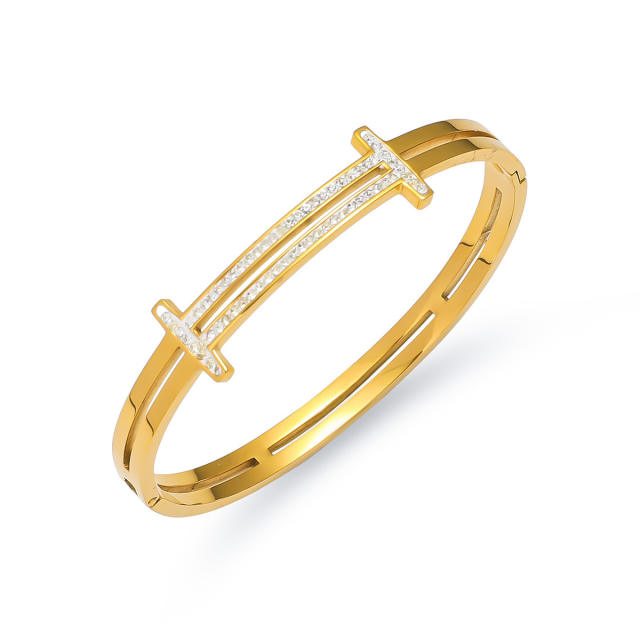 Delicate rhinestone inlaid easy match stainless steel bangle bracelet