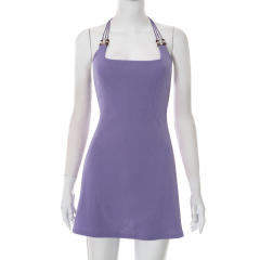 Women's Summer New Pure Color Halterneck Lace-Up Sexy Short dress