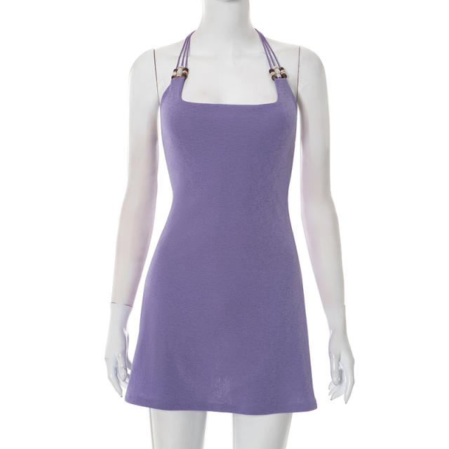 Women's Summer New Pure Color Halterneck Lace-Up Sexy Short dress
