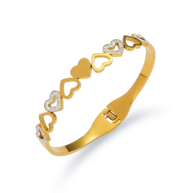 Hollow out heart rhinestone stainless steel bangle bracelet