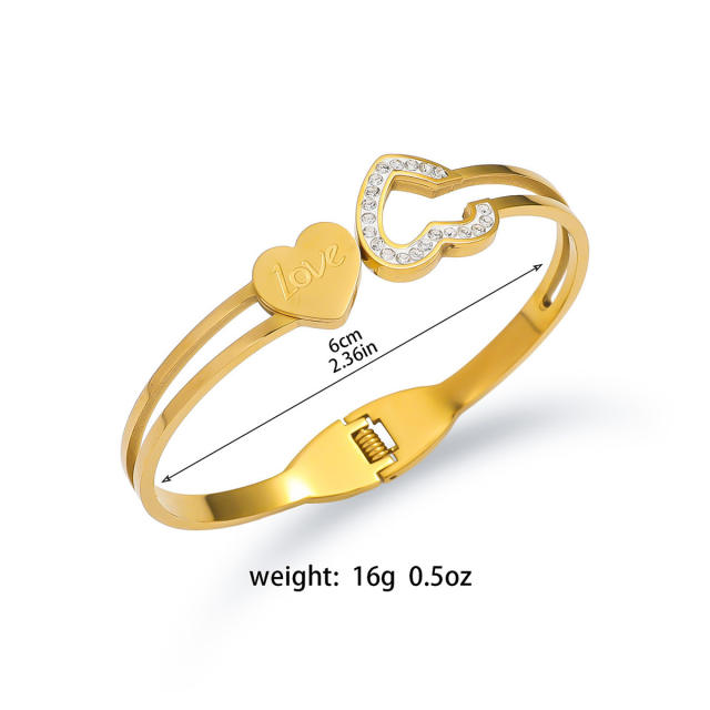 Hollow out heart rhinestone stainless steel bangle bracelet