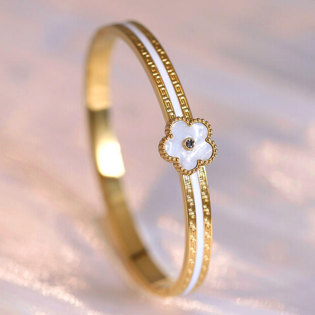 Color enamel five petal flower stainless steel bangle bracelet