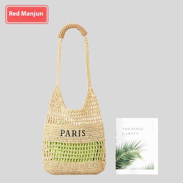 Handmade Letter Woven Tote Bag Hollow Casual Straw Handbag Summer Seaside Holiday Beach Bag