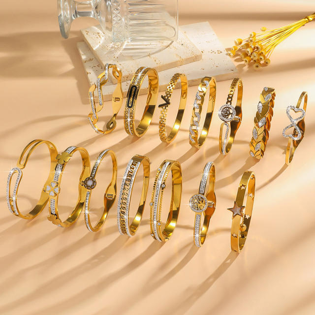 Easy match rhinestone inlaid stainless steel bangle bracelet
