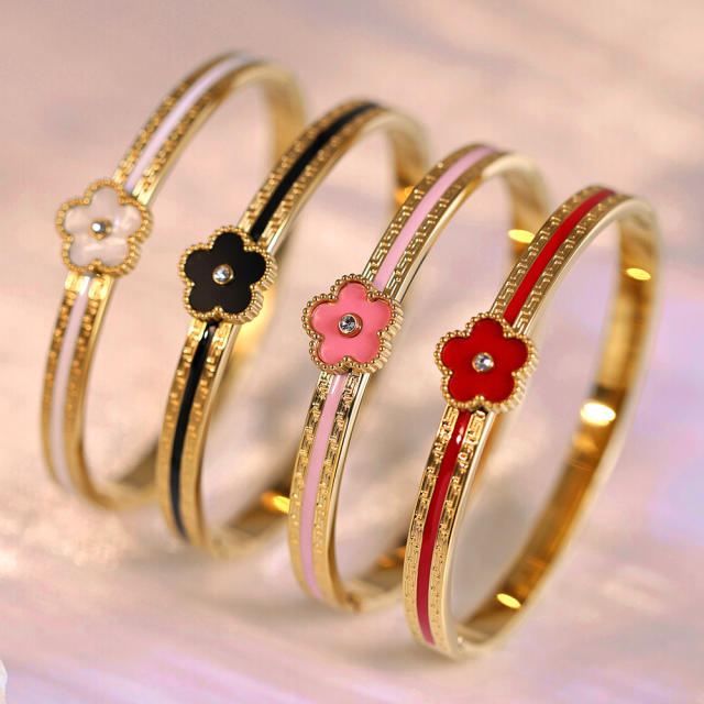 Color enamel five petal flower stainless steel bangle bracelet