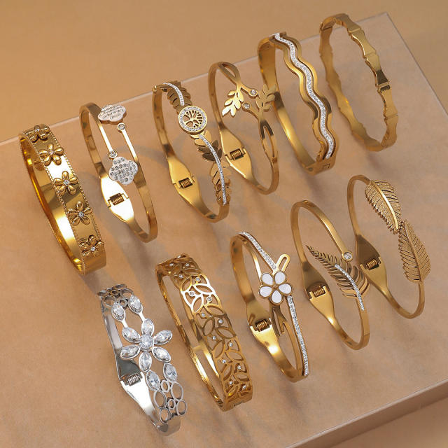 Easy match leaf flower rhinestone inlaid stainless steel bangle bracelet