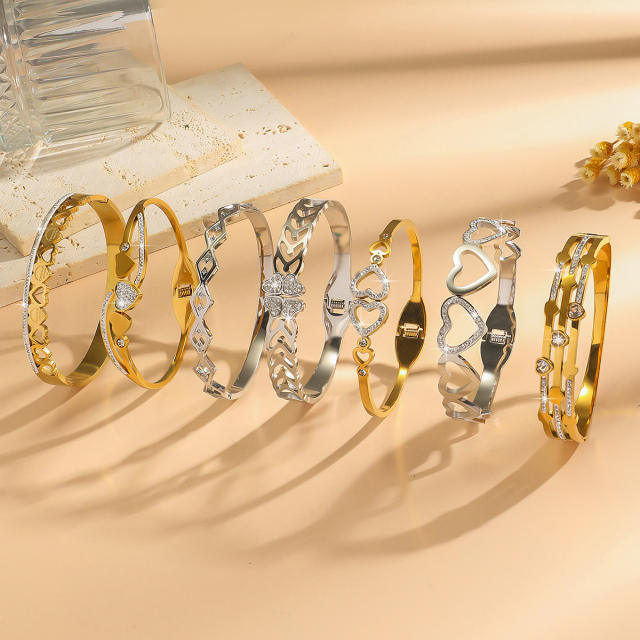 Delicate hollow out heart rhinestone setting stainless steel bangle bracelet