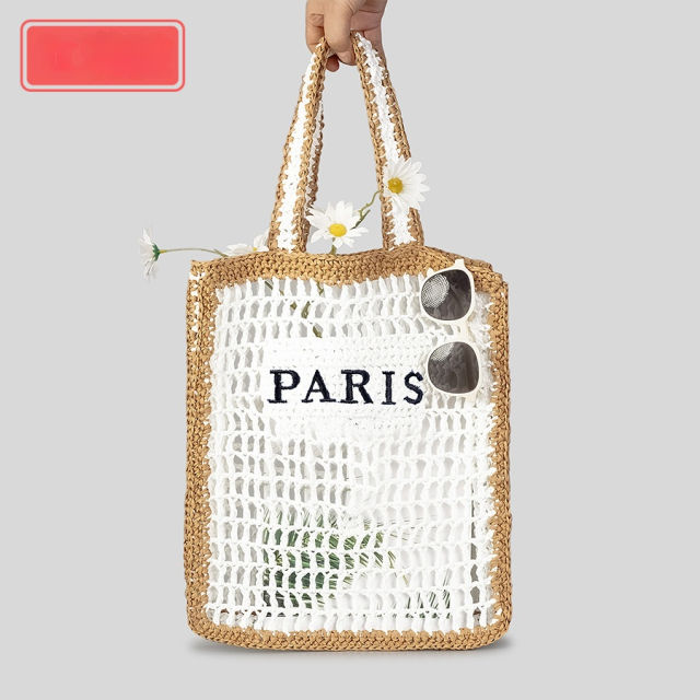 Pure Handmade Woven Handbag Women's Hollow Embroidered Letters Contrast Color Woven Bag
